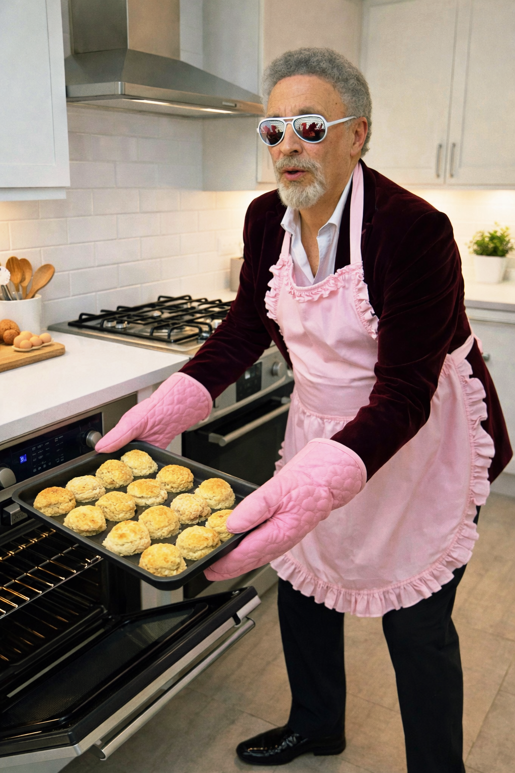 Tom Scones pulling a tray of fresh scones from the oven in a pink apron