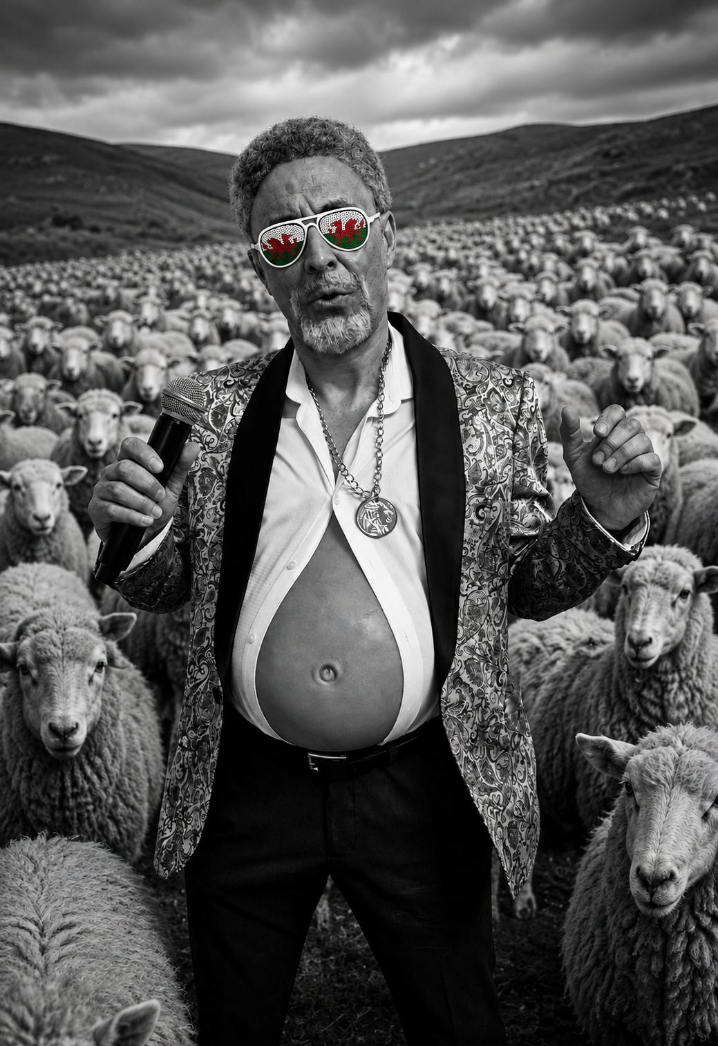 Tom Scones singing into a microphone amid a flock of sheep on a Welsh hillside, wearing Welsh flag sunglasses